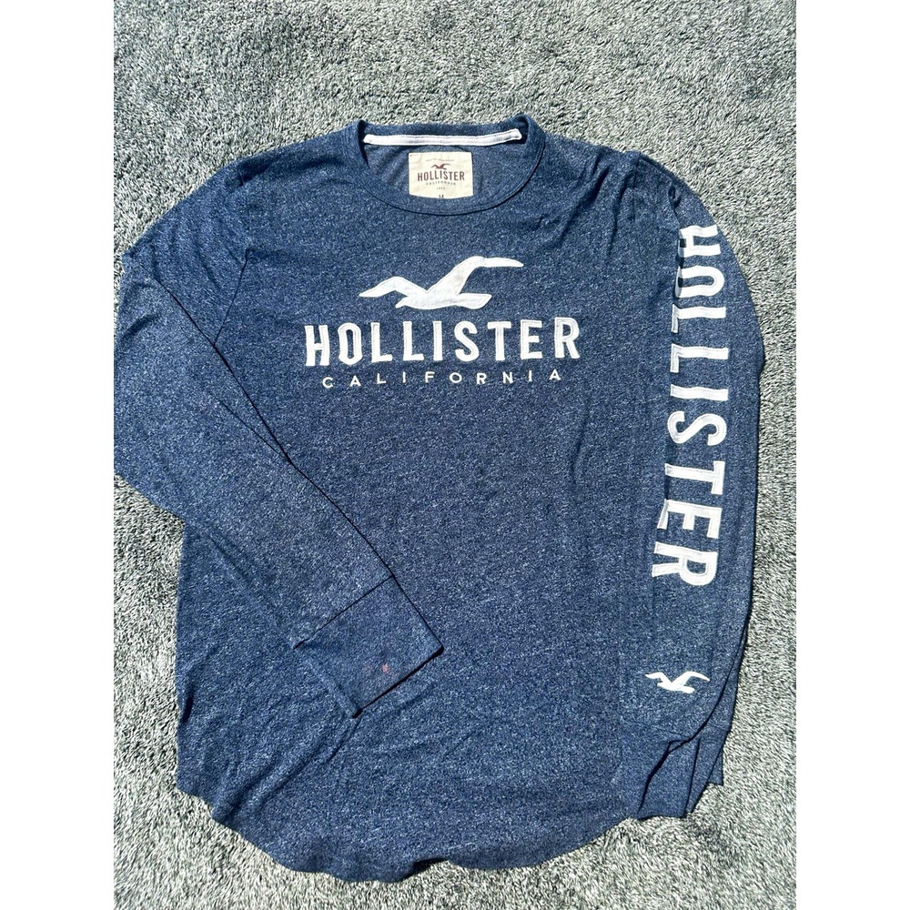 Hollister California Mens M Long Sleeve Shirt Blue Logo Spellout Sleeve Casual